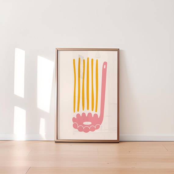 Pink Pasta Spoon Spaghetti Minimalist Poster Modern Italian Kitchen Art