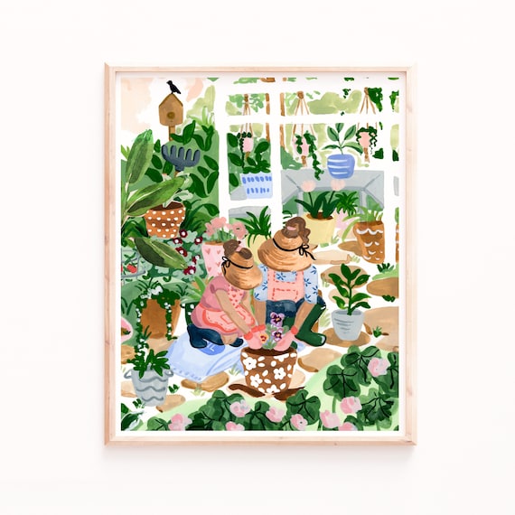 Mom And Daughter Watercolor Art Print, Greenhouse