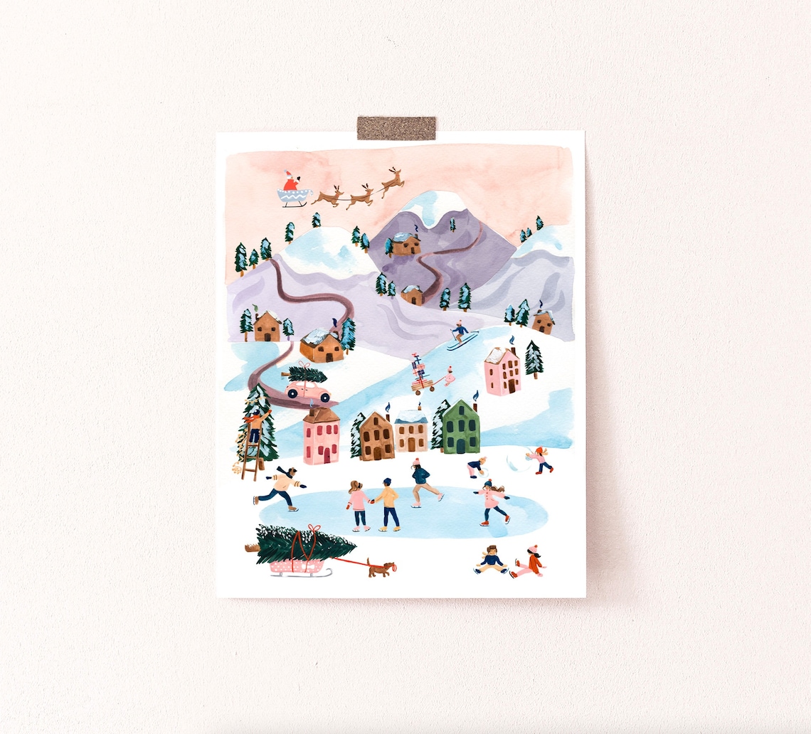 Christmas Village Holiday Watercolor Gouache Art Print - Image 3