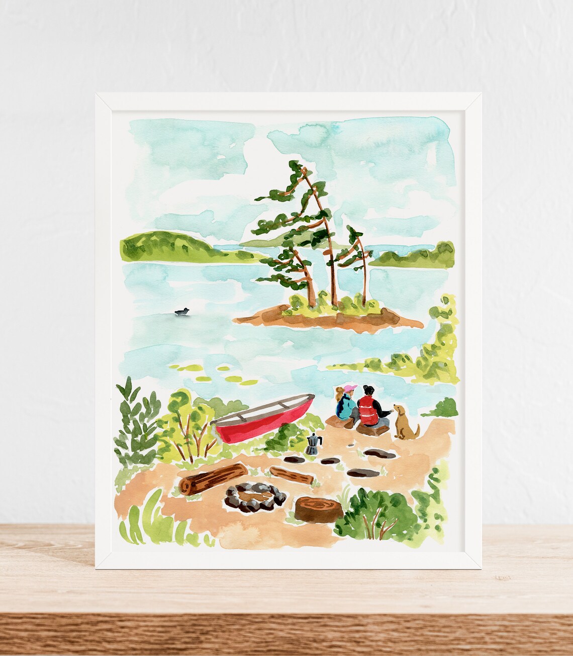 Camping At The Lake Art Print, Couple and Dog Canoe - Image 3