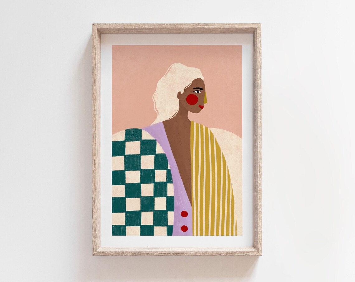 Funky Blouse Stripes and Checkered Portrait Art Print