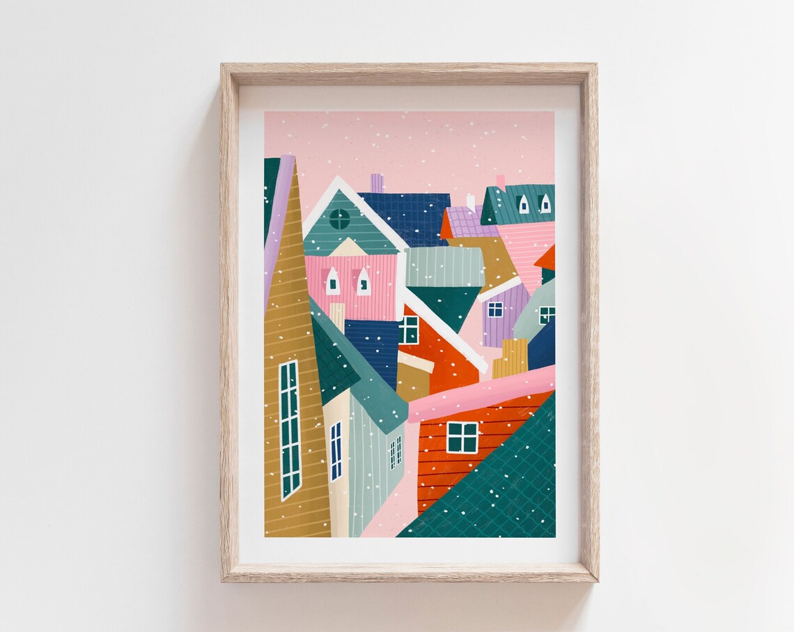 Over The Rooftops Christmas City Illustration Art Print