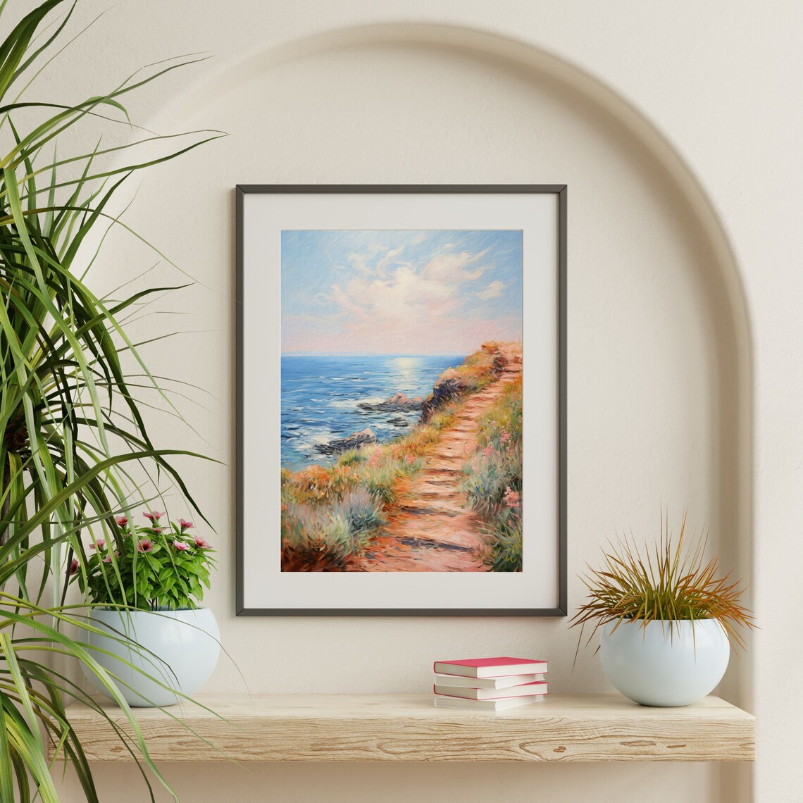 Coastal Cliff Path Wildflowers Rocky Shore Blue Ocean Painting Poster - Image 2