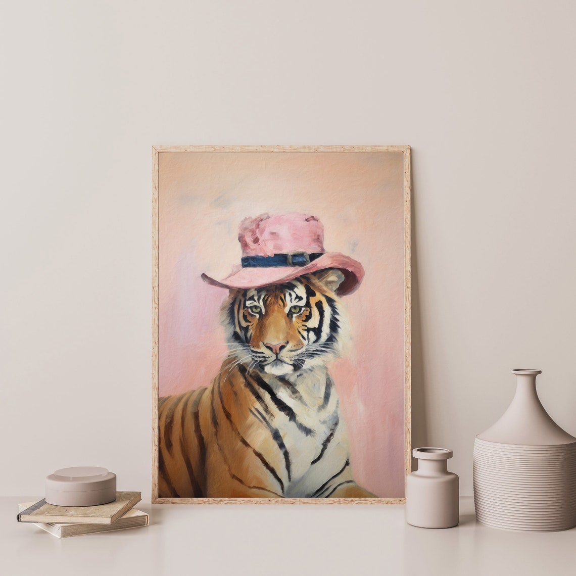 Tiger Wearing Pink Cowboy Hat Whimsical Animal Portrait Wall Art - Image 3