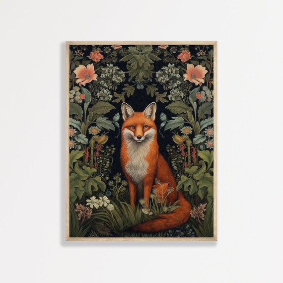 Red Fox Dark Botanical Floral Vintage Forest Wildlife Maximalist Art Print