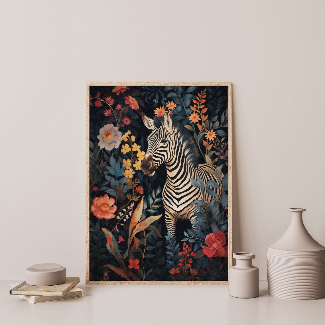 Zebra Dark Botanical Floral Jungle Vintage Maximalist Wildlife Art Print - Image 3