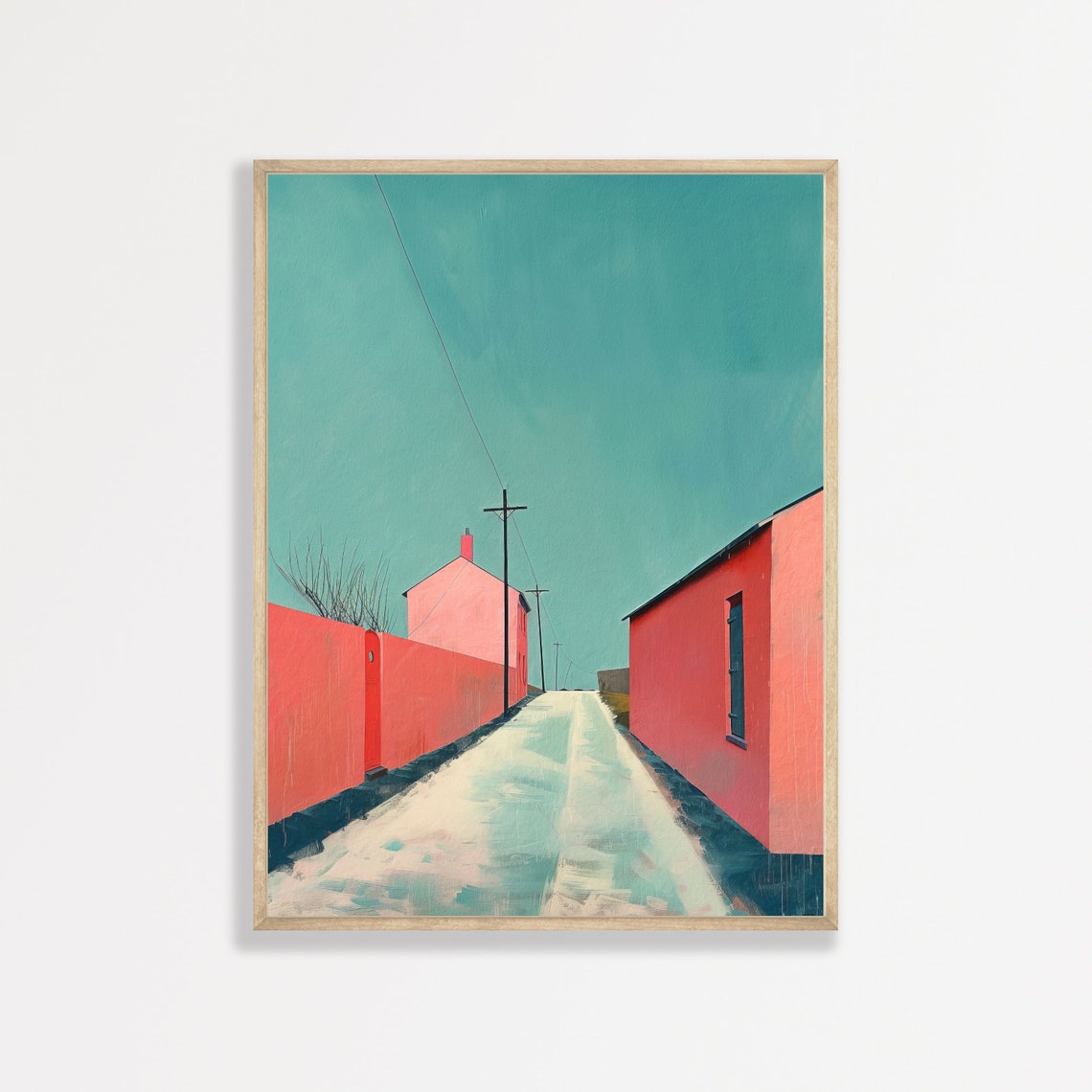 Coral Red Alleyway Turquoise Sky Mid Century Abstract Art Poster