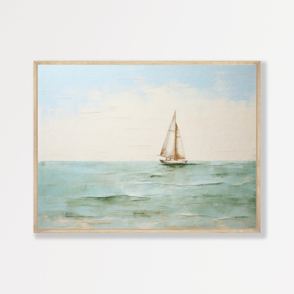 Lone Sailboat on a Calm Teal Sea Minimalist Nautical Wall Art Print