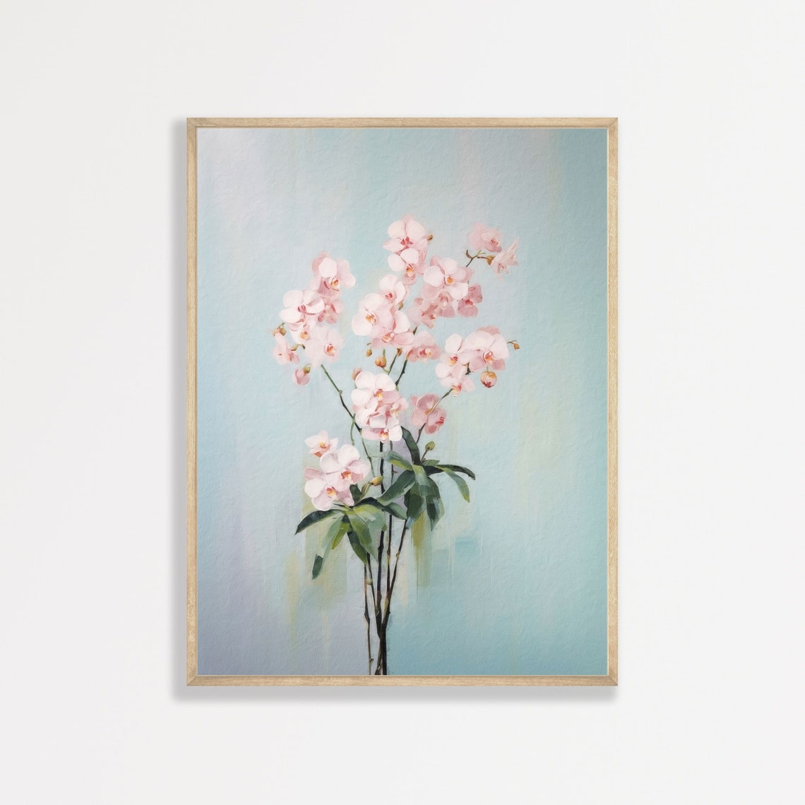 Pink Orchid Stems Pastel Blue Minimal Botanical Flower Poster