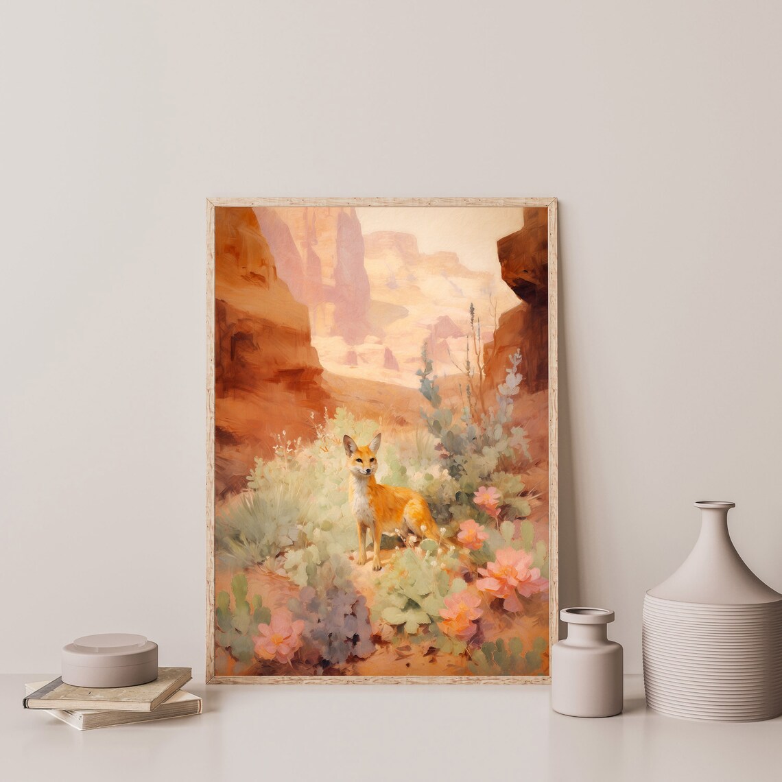 Desert Fox Among Cactus Blooms in Red Rock Canyon Western Wall Art - Image 3