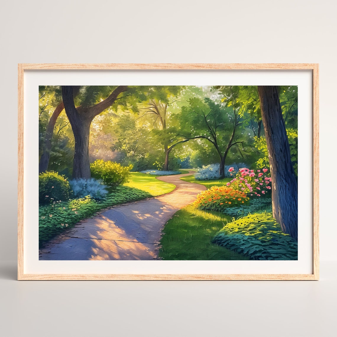 Sunlit Woodland Garden Path Pink Orange Flowerbeds Garden Poster - Image 2