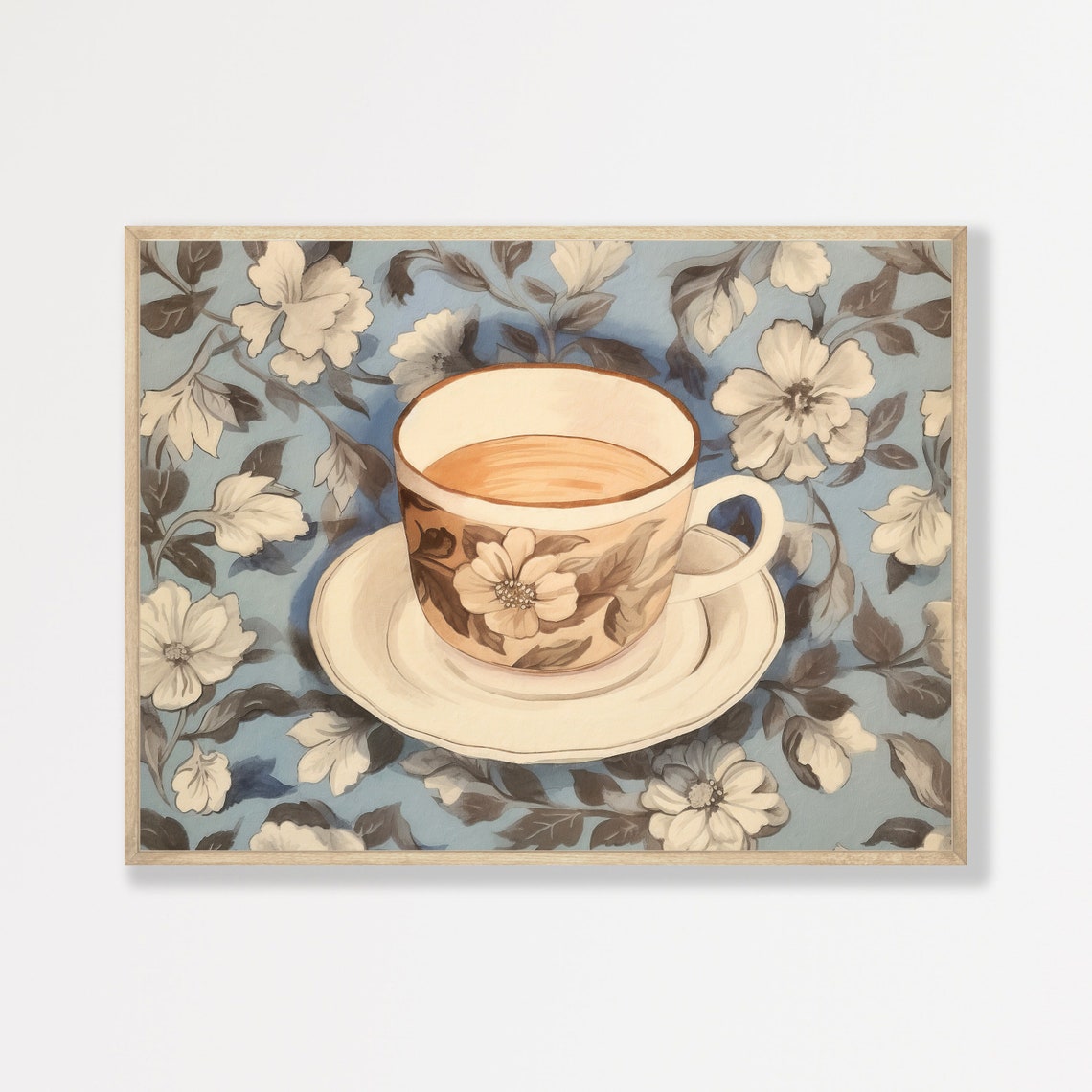 Vintage Floral Teacup on Blue Botanical Cloth Still Life Art Print
