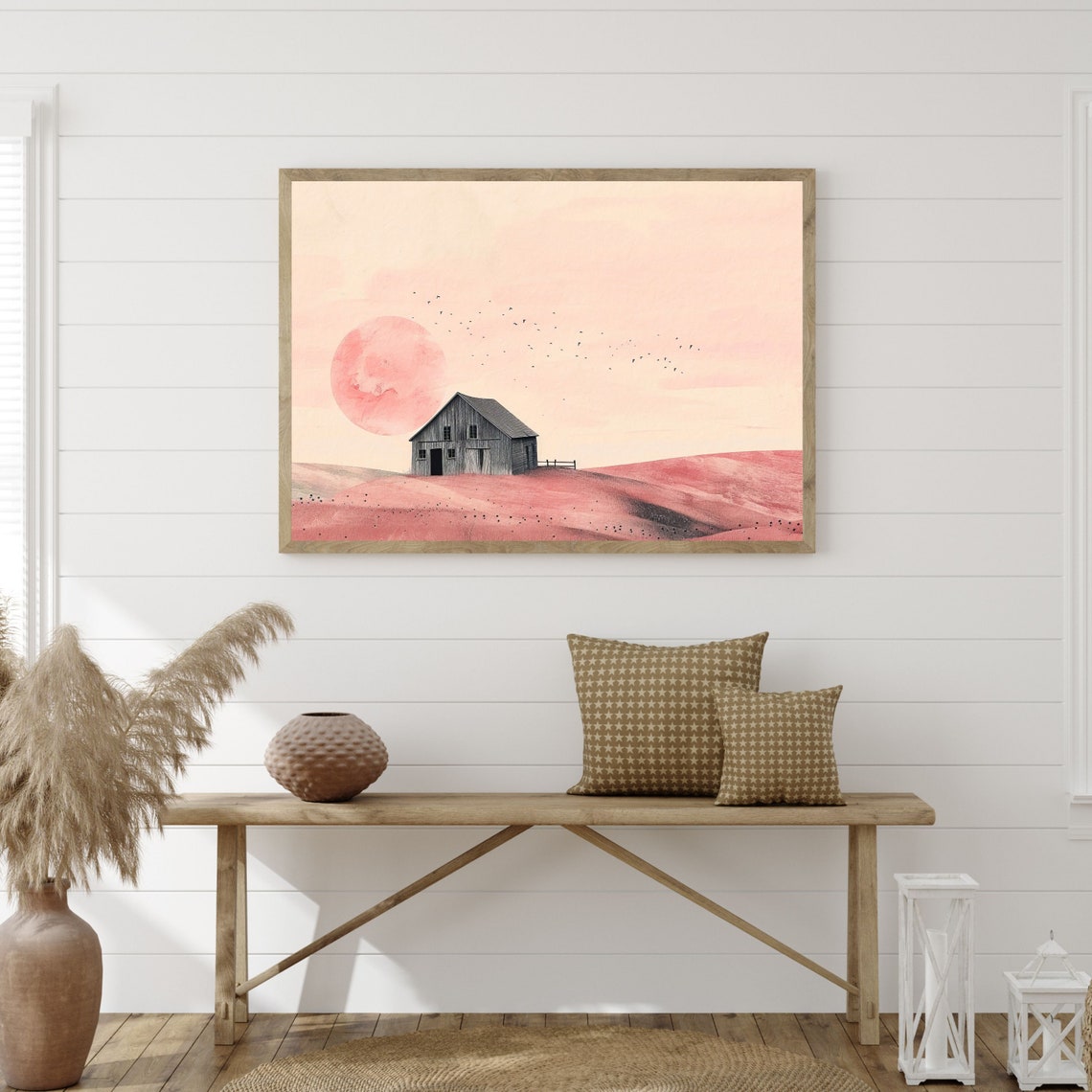 Pink Minimalist Barn at Sunset Pastel Farmhouse Countryside Art Poster - Image 3