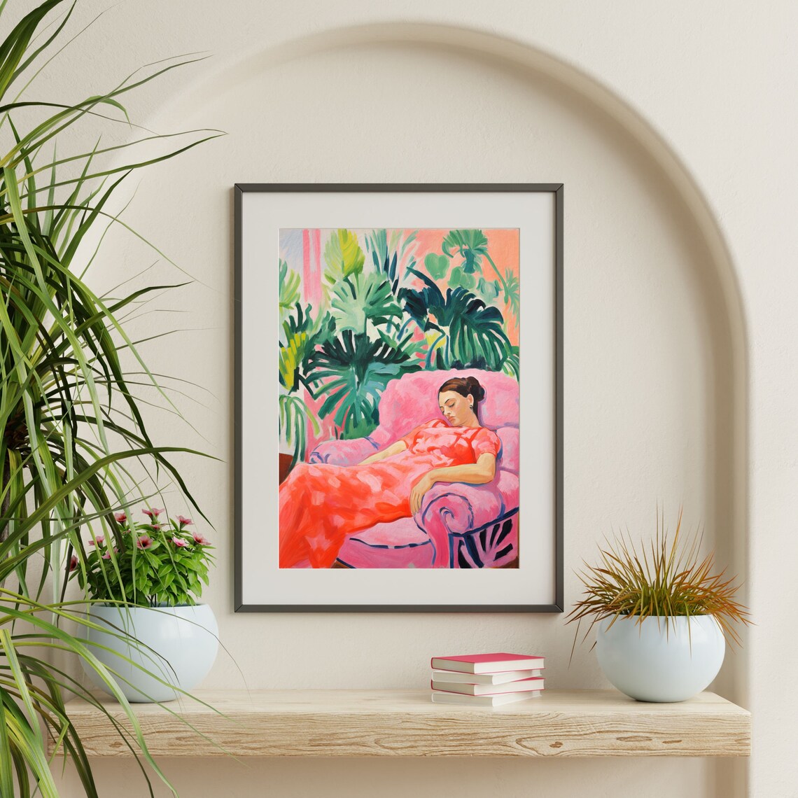 Sleeping Lady Pink Armchair Tropical Leaves Retro Painting Poster - Image 2