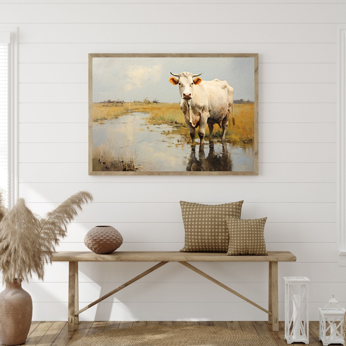 White Cow Standing in Golden Marsh Water Vintage Farm Wall Art Poster - Image 3