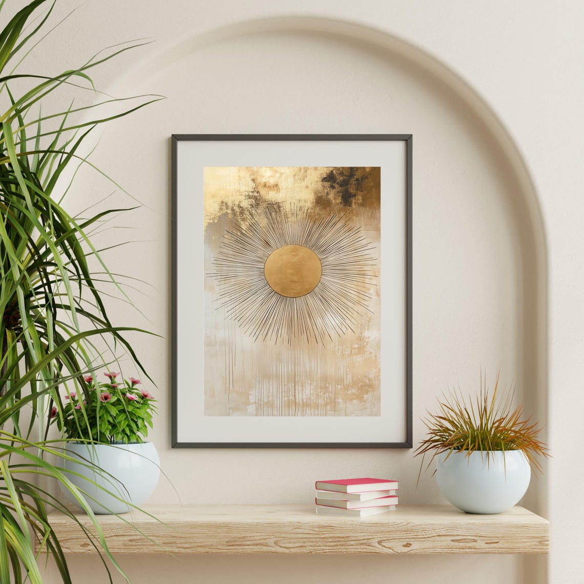 Golden Sunburst Radiant Rays Beige Boho Minimalist Abstract Wall Art - Image 2