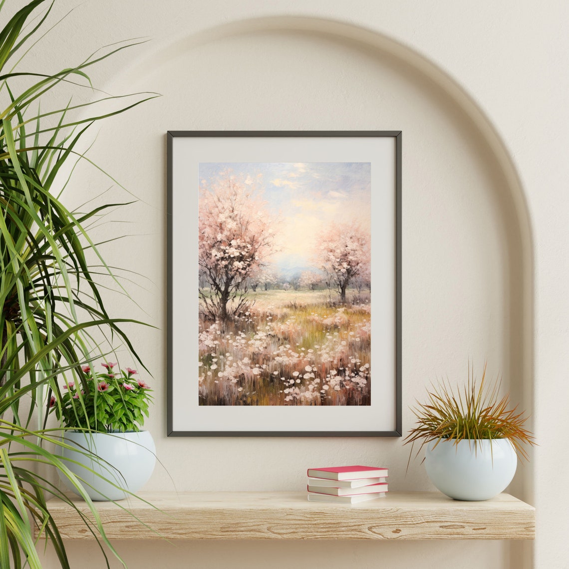 Blossoming Spring Orchard Pink Cherry Blossom Meadow Scenic Wall Art - Image 2