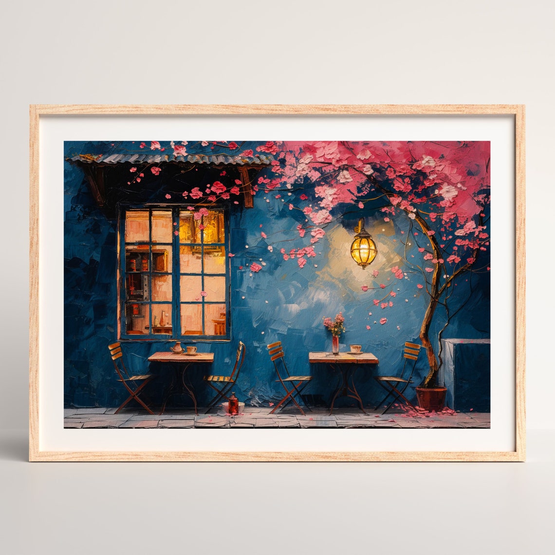 Blue Cafe Terrace Night Pink Blossom Tree Lantern Glow Art Poster - Image 2