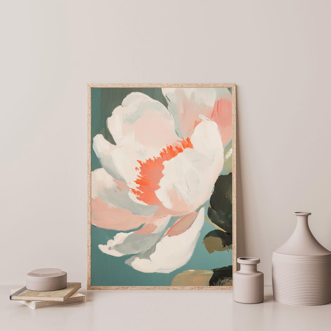 White Peony Bloom Close Up Coral Teal Modern Floral Art Print - Image 3