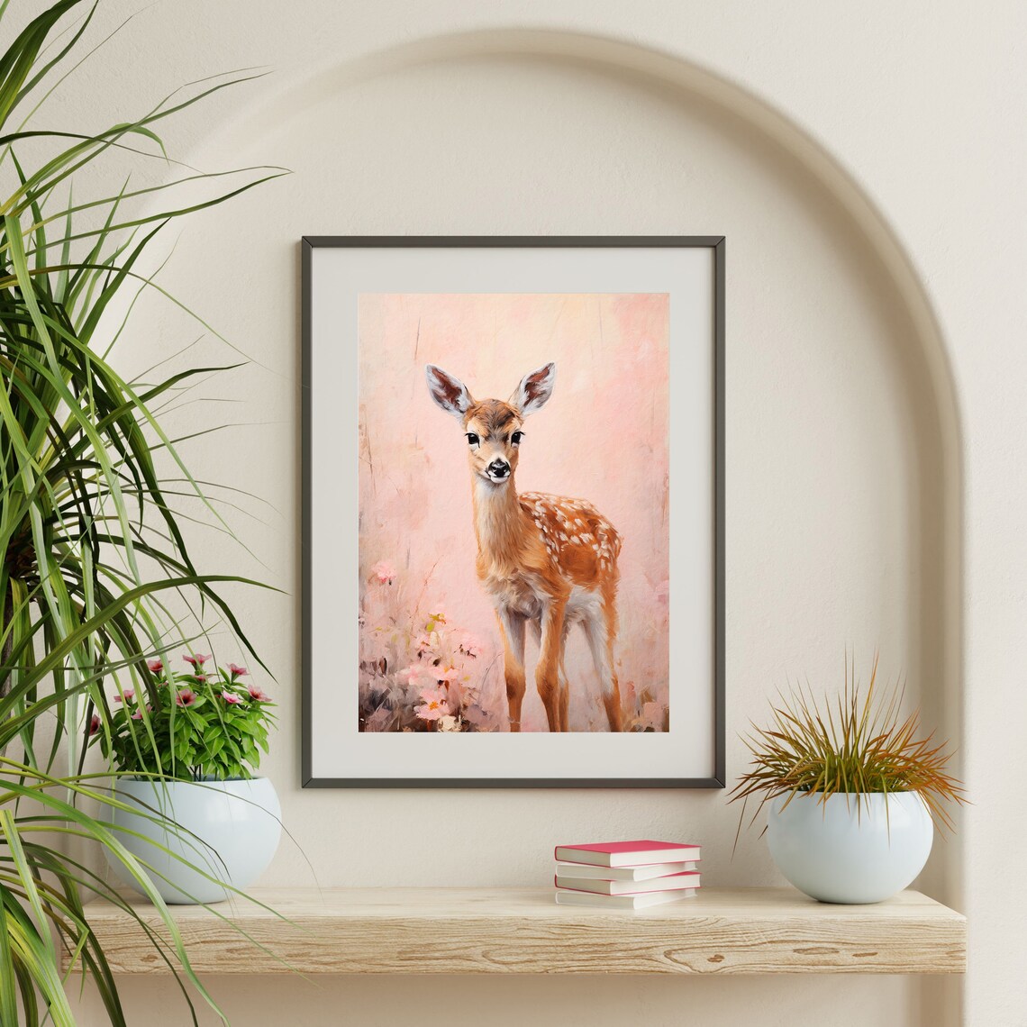 Baby Deer Fawn Pink Background Flowers Sweet Nursery Woodland Poster - Image 2