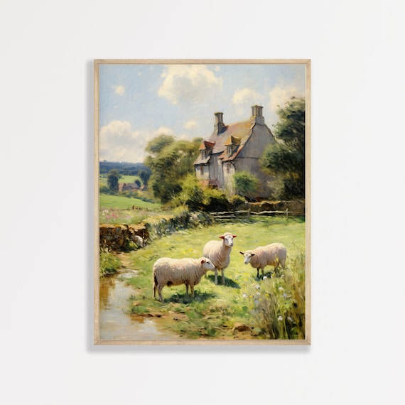 Sheep Vintage Country Farmhouse Landscape Art Print
