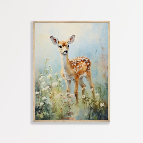 Fawn Nursery Print, Muted Vintage Pastel Art Print