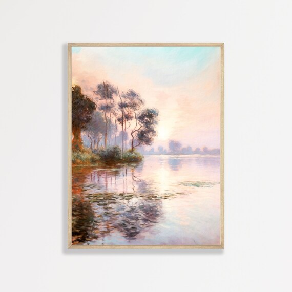 Lakeshore Painting, Vintage Retro Lake Landscape Poster