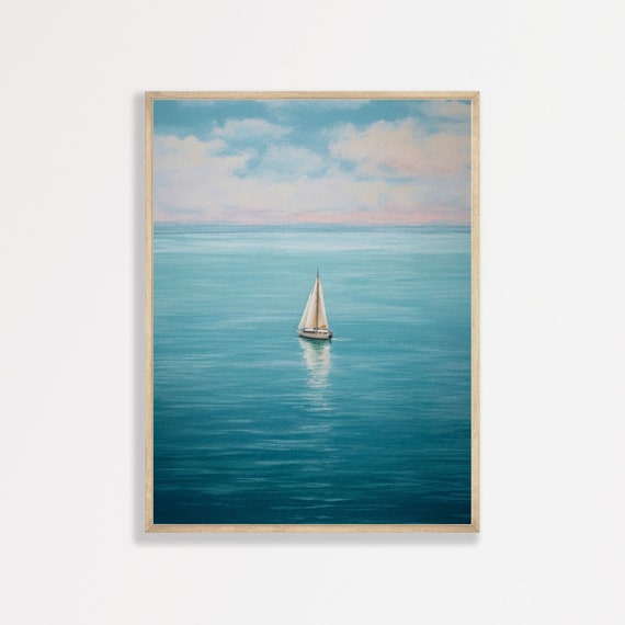 Lone Sailboat Retro Minimal Seascape Art Print