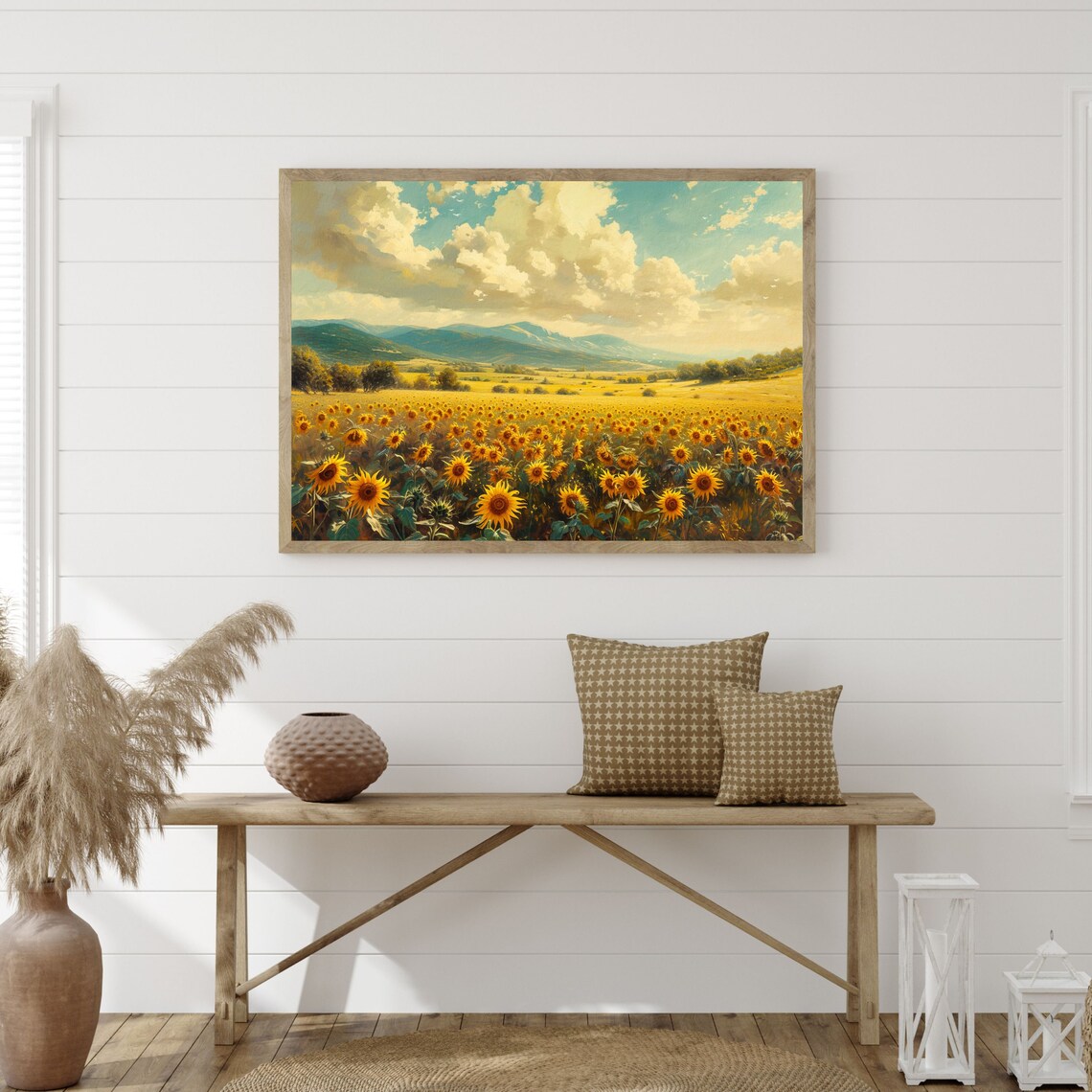 Sunflower Field Golden Clouds Mountain Valley Vintage Farm Poster - Image 3