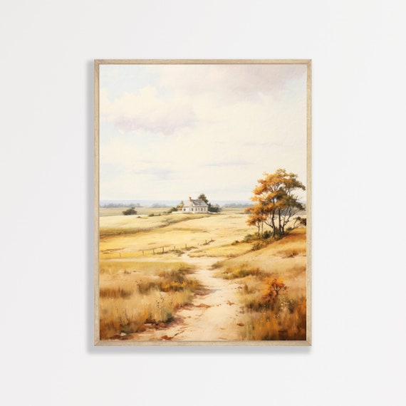 Farmhouse Wall Art Minimal Country Landscape Print Neutral Summer Pasture Field Painting P 587