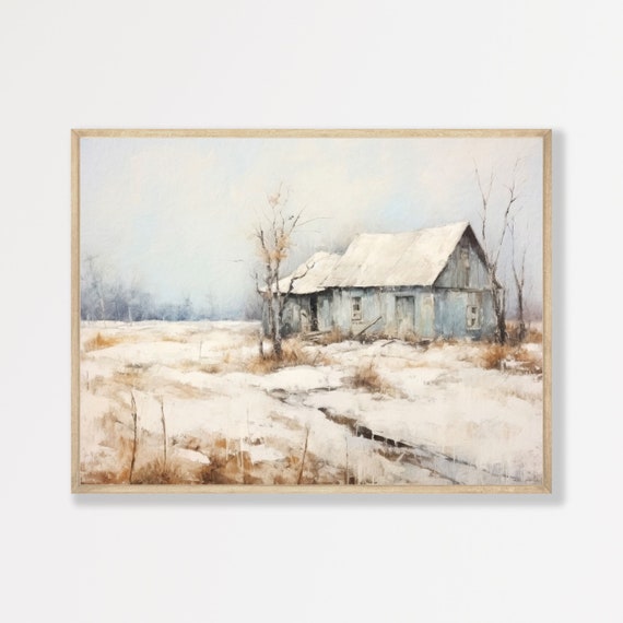 Winter Landscape Print, Retro Farmhouse Art Print