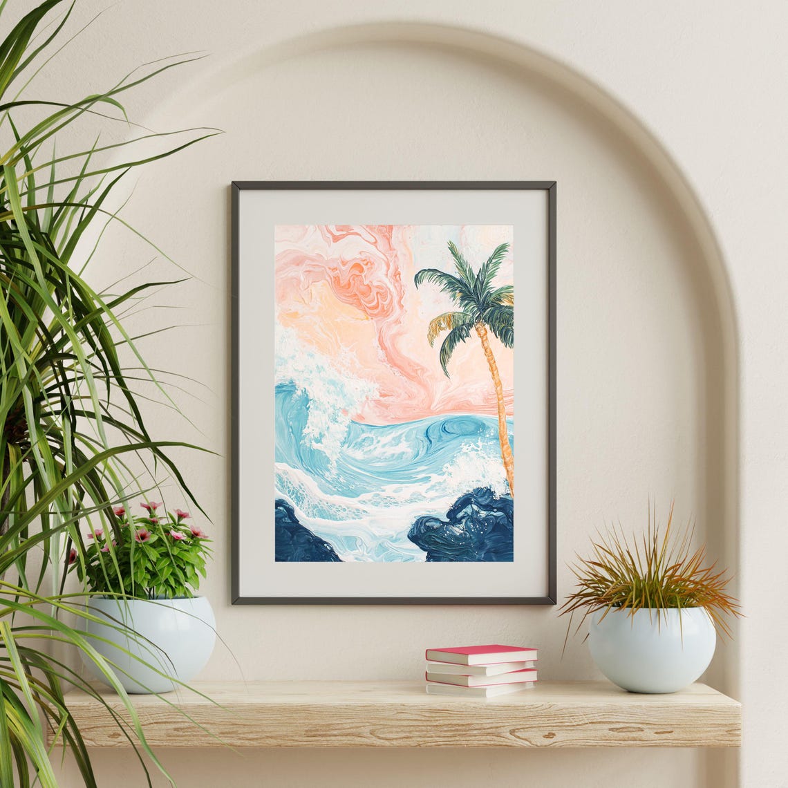 Abstract Palm Tree Dreamy Tropical Ocean Wave Sunset Art Poster - Image 2