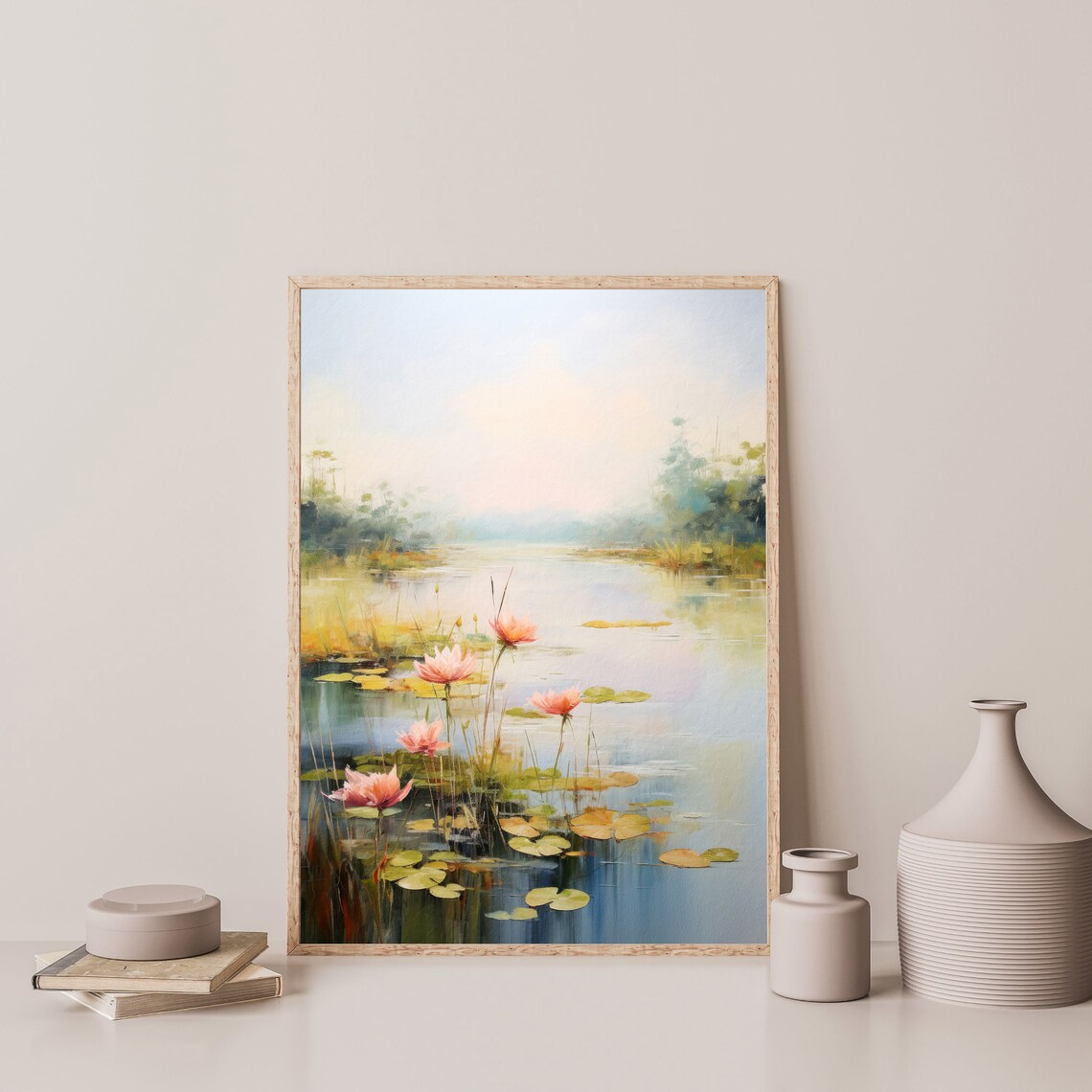 Pink Lotus Flowers Misty Pond Lily Pads Serene Water Garden Poster - Image 3