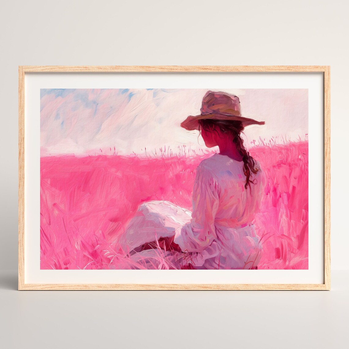 Woman Straw Hat Pink Flower Field Back View Retro Painting Print - Image 2