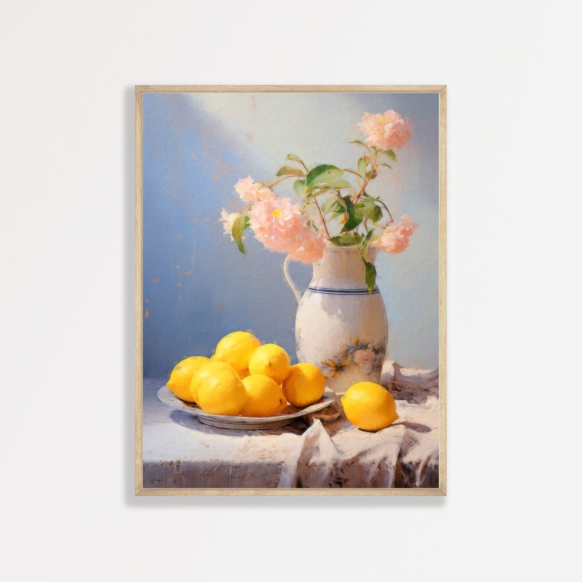 Lemons White Pitcher Pink Flowers Vintage Still Life Art Poster