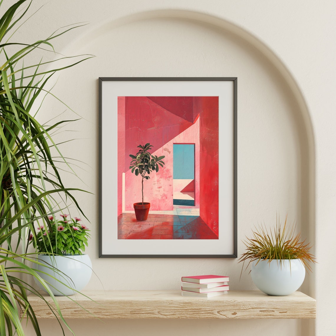 Pink Architectural Interior Potted Tree Blue Sea Minimal Art Poster - Image 2
