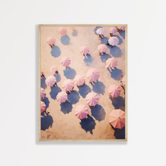 Beach Umbrellas, Retro Pastel Pink Coastal Art Print