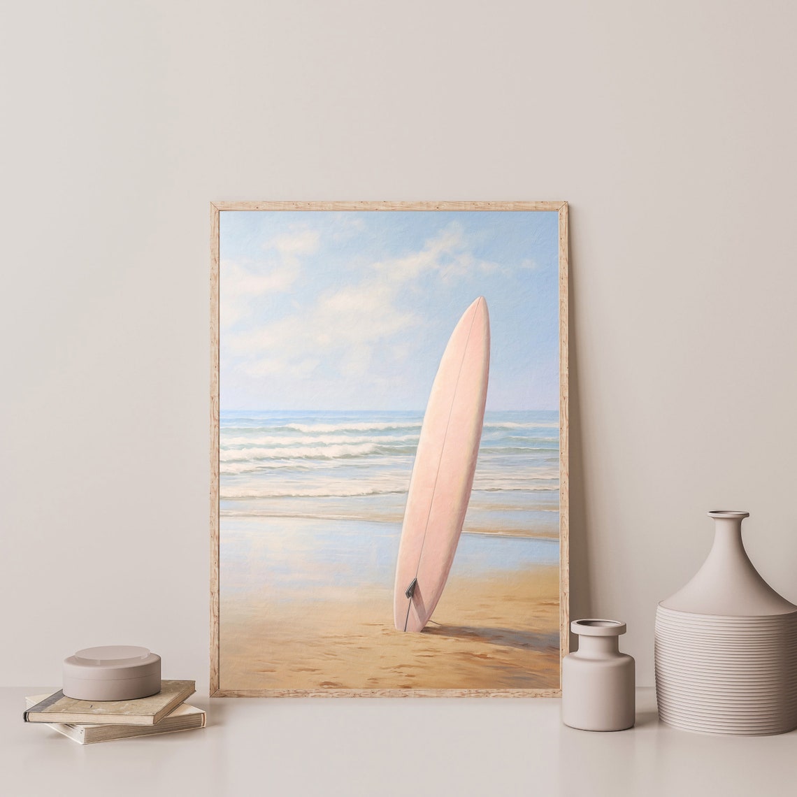 Pastel Pink Surfboard on Sandy Beach Ocean Waves Coastal Poster - Image 3