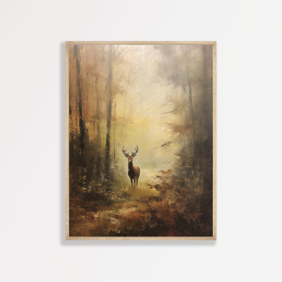 Stag Standing in a Misty Autumn Forest Golden Light Wildlife Poster