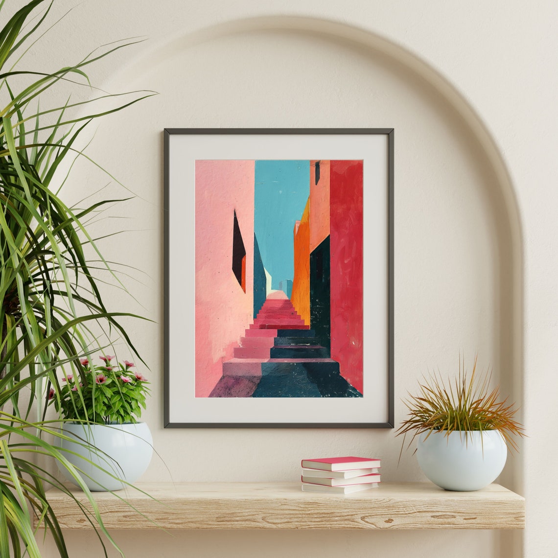 Pink Stairway Colorful Alley Coral Walls Mid Century Modern Poster - Image 2