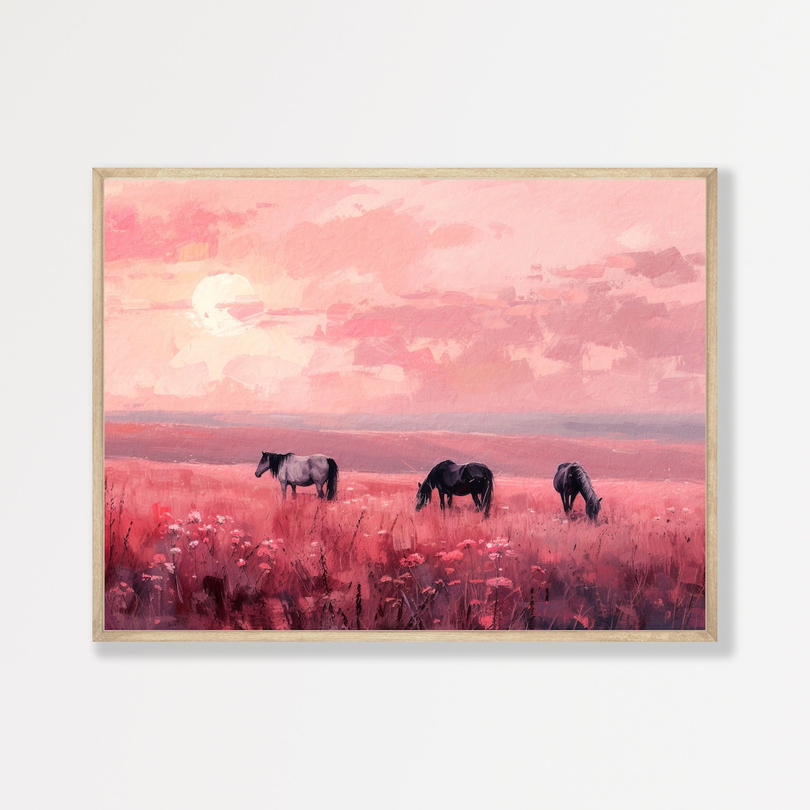 Three Horses Pink Sunset Meadow Grazing Western Wild Art Poster