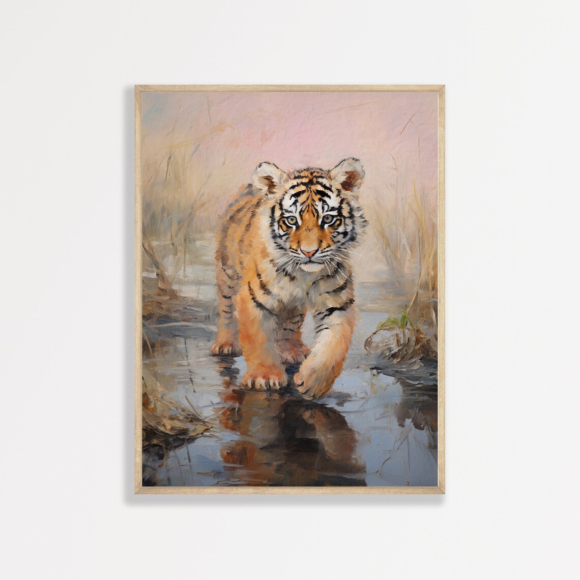 Baby Tiger Cub Walking In Water Pink Mist Playful Wild Cat Painting Poster