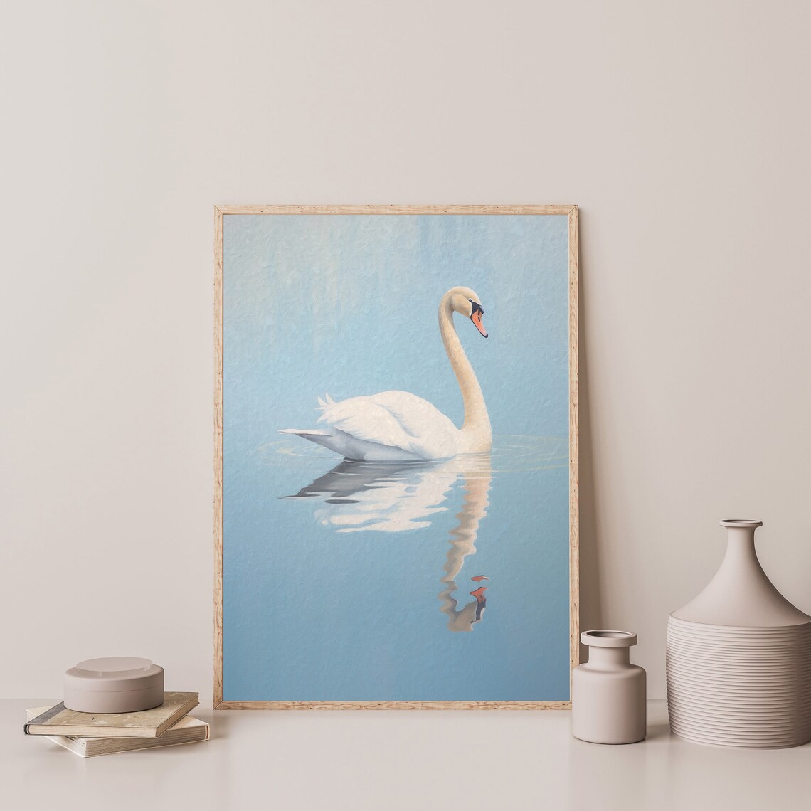 White Swan on Calm Pale Blue Water Minimalist Wildlife Wall Art - Image 3