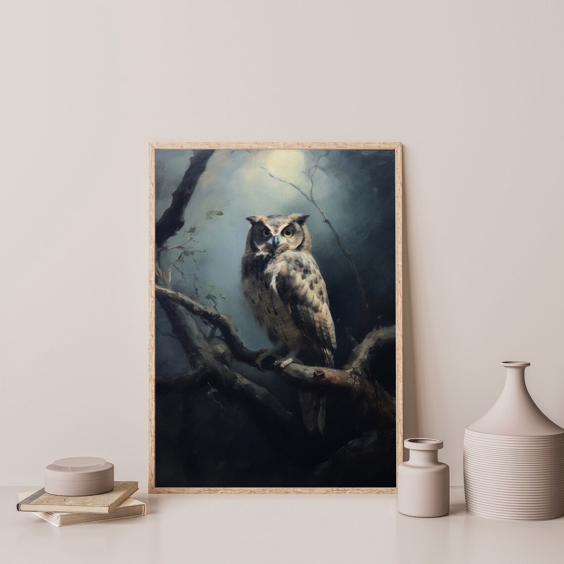 Dark Owl Painting, Dark Academia Moon Landscape Print - Image 3