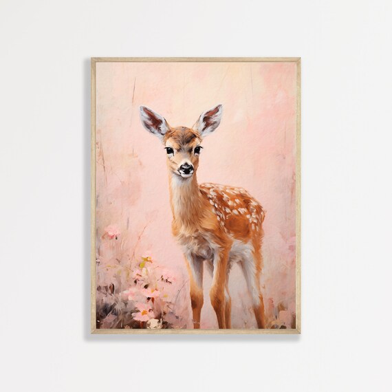 Baby Deer Fawn Pink Background Flowers Sweet Nursery Woodland Poster