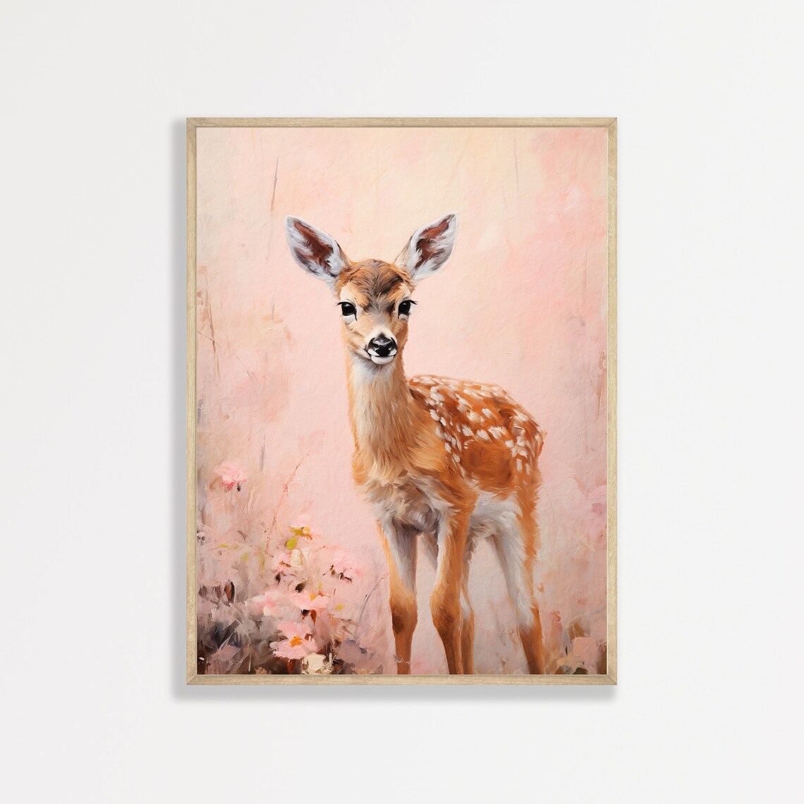 Baby Deer Fawn Pink Background Flowers Sweet Nursery Woodland Poster
