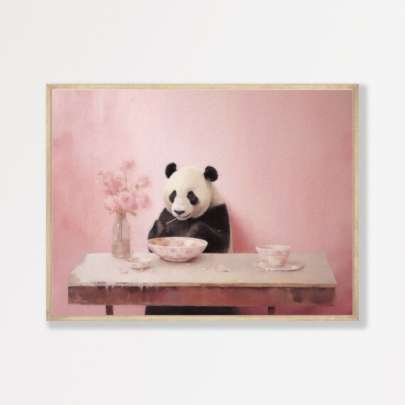 Panda Kitchen Retro Pink Animal Art Print, Pastel Decor
