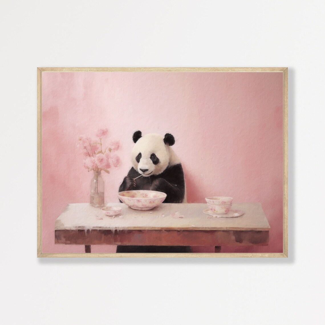 Panda Kitchen Retro Pink Animal Art Print, Pastel Decor