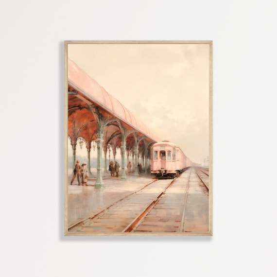 Retro Train Station Vintage Oil Painting Art Print