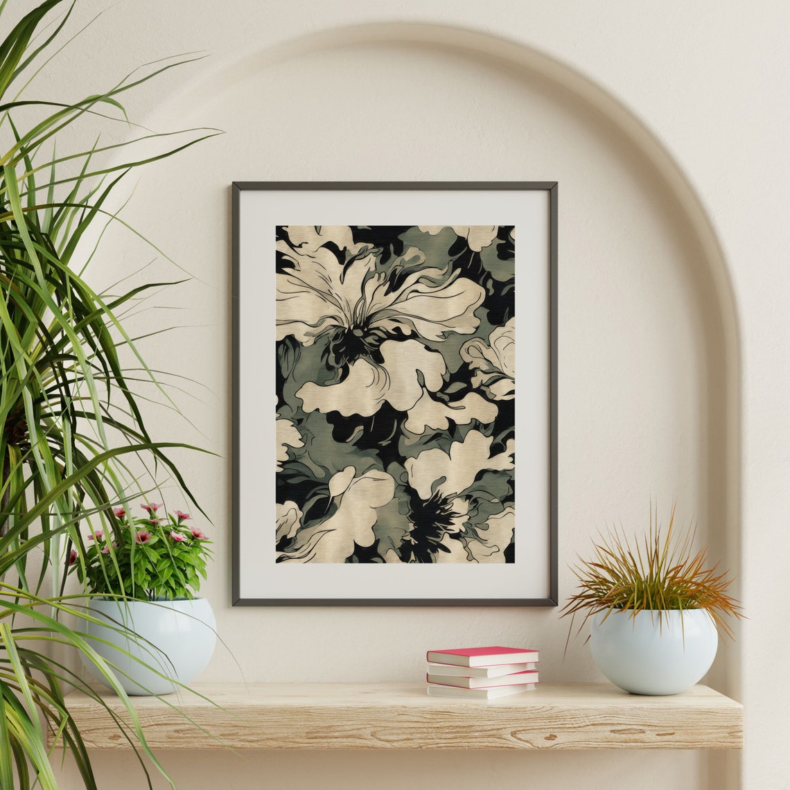 Abstract Black and Cream Floral Pattern Vintage Botanical Wall Art - Image 2